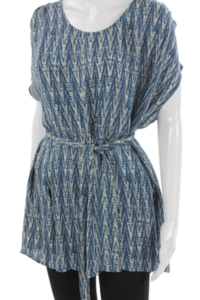 IRO Womens Tunic Blouse Blue Silk Geometric Round Neck Sleeveless Tie Size 1