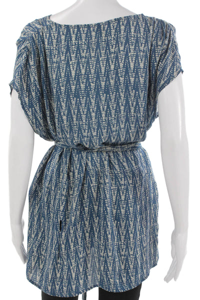 IRO Womens Tunic Blouse Blue Silk Geometric Round Neck Sleeveless Tie Size 1