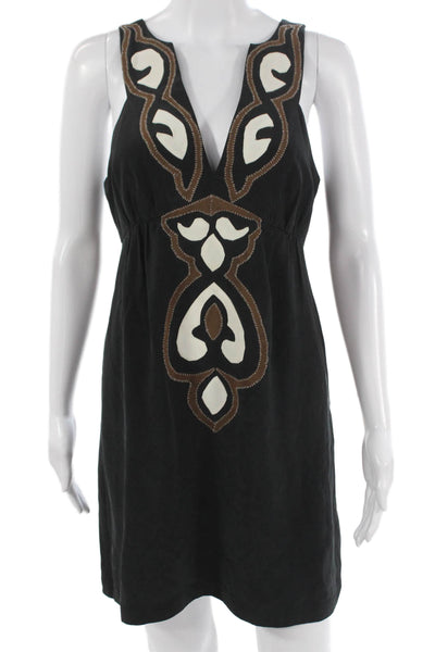 Tibi Women Silk Black Geometric V-Neck Sleeveless Shift Dress Size 4
