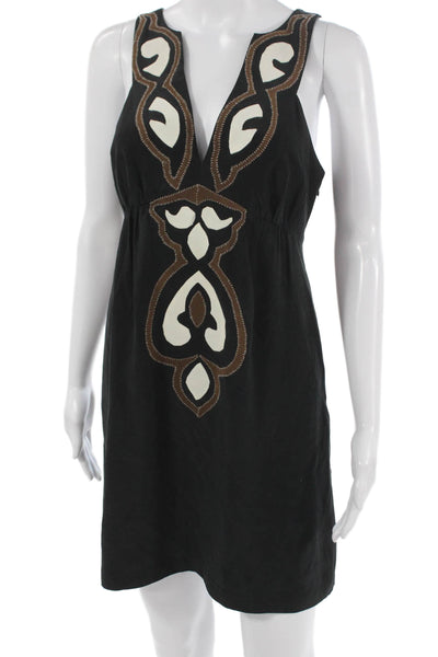 Tibi Women Silk Black Geometric V-Neck Sleeveless Shift Dress Size 4