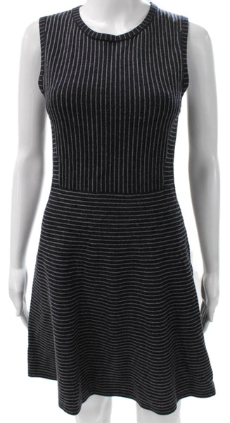 Theory Womens Fit & Flare Black Wool Striped Knee Dress Size S