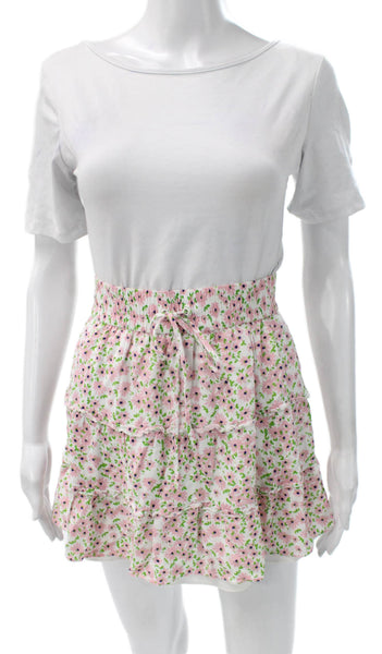 Alice + Olivia Womens A-Line Mini Skirt White Viscose Floral Drawstring Size 2
