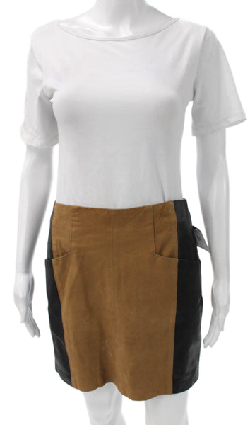 Nanette Lepore Women Leather Straight Pencil Skirt Brown Zip Mini Size 6