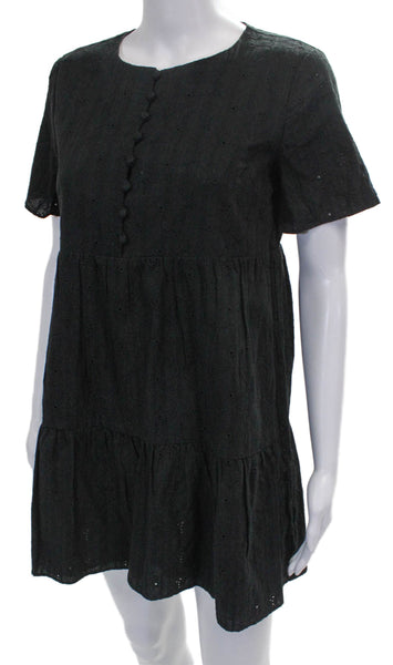 Madewell Womens Trapeze Swing Dress Black Cotton Short Sleeve Button Size XS