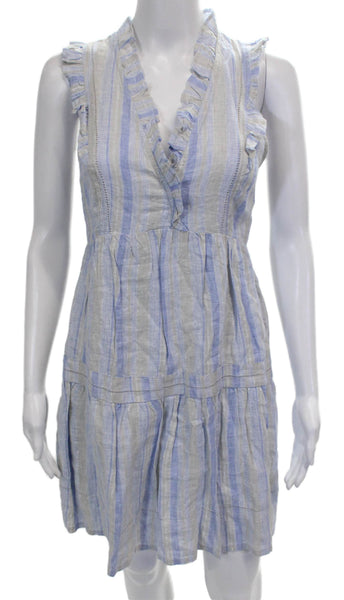 Vineyard Vines Women Sundress Blue Striped Linen V-Neck Mid-Calf Size XS