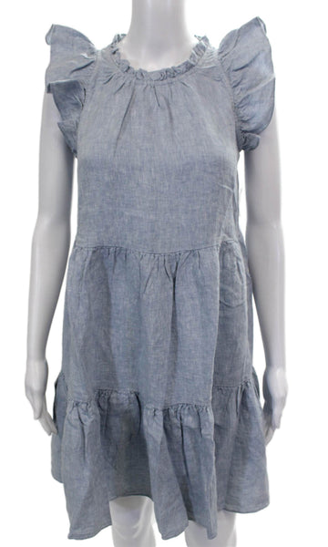 Lake Women Trapeze Swing Dress Blue Linen Round Neck Short Sleeve Size XS