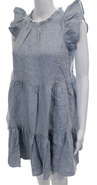Lake Women Trapeze Swing Dress Blue Linen Round Neck Short Sleeve Size XS
