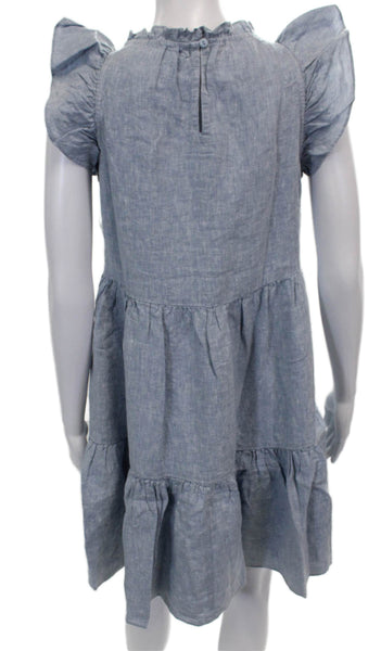 Lake Women Trapeze Swing Dress Blue Linen Round Neck Short Sleeve Size XS