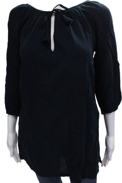 J Crew Women Tunic Blouse Blue Boat Neck 3/4 Sleeve 100% Cotton Size XS