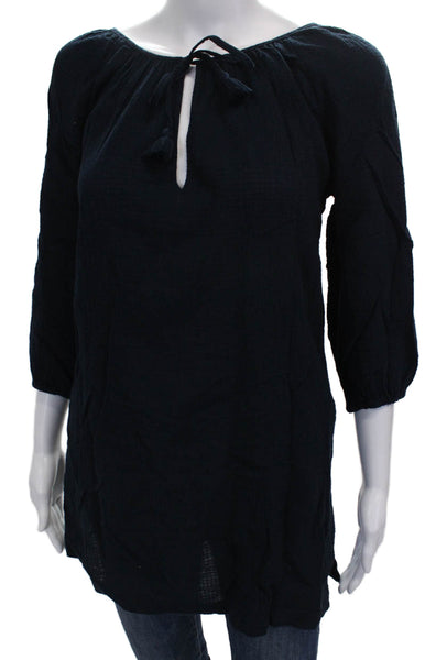 J Crew Women Tunic Blouse Blue Boat Neck 3/4 Sleeve 100% Cotton Size XS