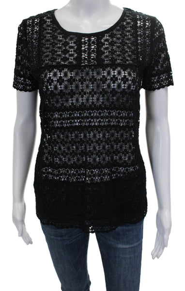 Madewell Women Black Floral Cotton Basic Tee Round Neck Short Sleeve Size XS