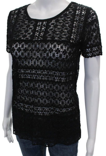 Madewell Women Black Floral Cotton Basic Tee Round Neck Short Sleeve Size XS