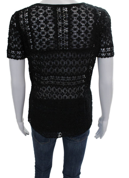Madewell Women Black Floral Cotton Basic Tee Round Neck Short Sleeve Size XS