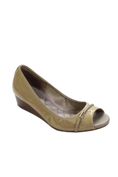 Cole Haan Womens Patent Leather Open Toe Wedge Heels Tan Size 5.5