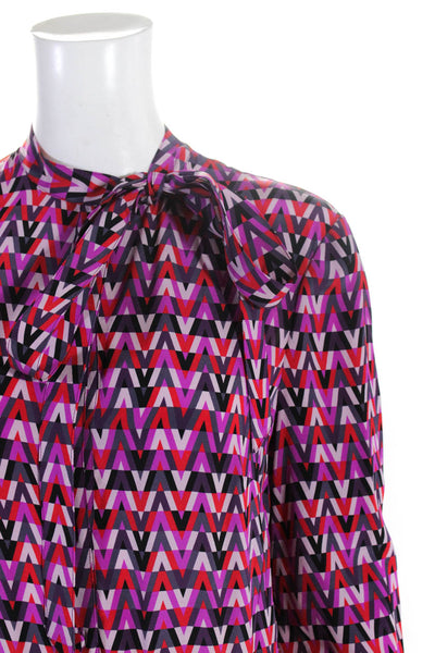 Valentino Womens Abstract Print Bow-Neck Maxi Shirt Dress Purple Red Size M