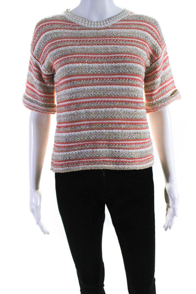 La Vie Womens Knit Striped Metallic Short Sleeve Sweater Coral Size XS