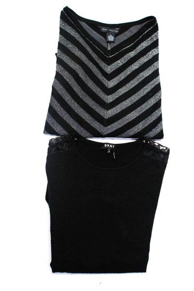 DKNY Joan Vass Womens Lace Trim Metallic Striped Sweaters Black XS Medium Lot 2