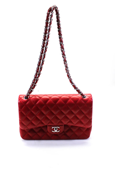 Chanel Womens Quilted Leather CC Turnlock Double Flap Shoulder Bag Handbag Red