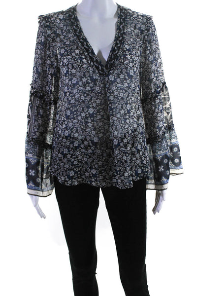 Hale Bob Womens Beaded V Neck Floral Bell Sleeve Blouse Black Blue Size Small