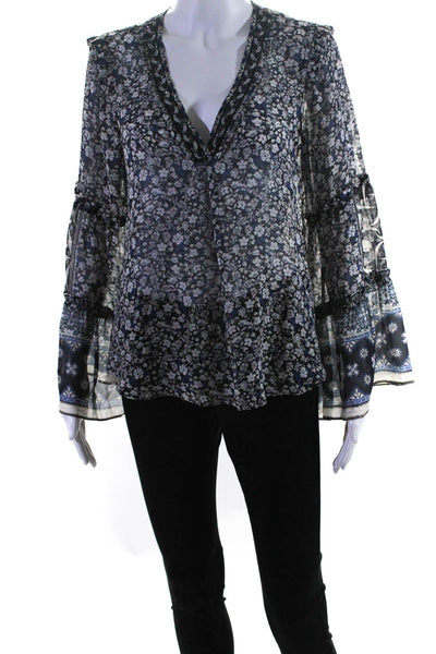 Hale Bob Womens Beaded V Neck Floral Bell Sleeve Blouse Black Blue Size Small