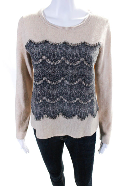 Joie Womens Lace Panel Crew Neck Pullover Sweater Beige Wool Size Small