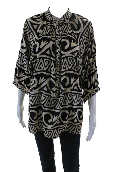 Nicole Miller Collection Womens Silk Geometric Print Top Black Beige Size Medium
