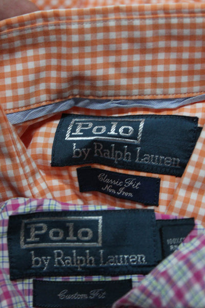 Polo Ralph Lauren Mens Button Up Collared Plaid Shirts Orange Pink Large Lot 2