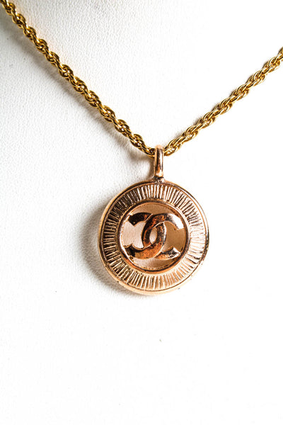 Chanel Womens Vintage CC Logo Cut Out Lined Circle Pendant Necklace