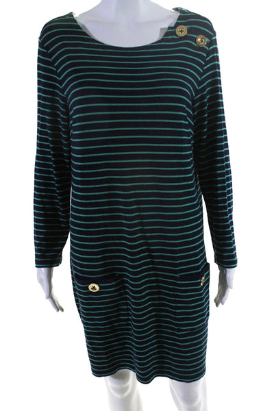 Sail To Sable Womens Long Sleeve Scoop Neck Striped Shirt Dress Blue Green Large
