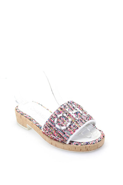 Chanel 21C Pink Tweed White Chain Gold CC Logo Cork Mule Slide Sandal Flat  35