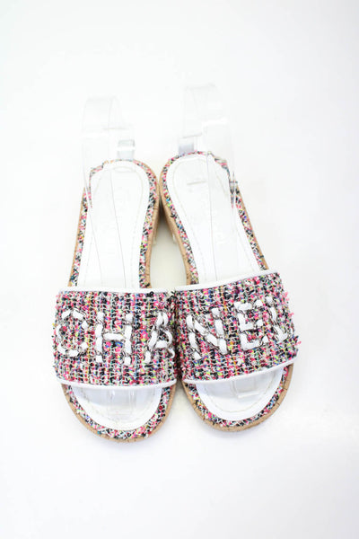 Chanel 2021 Womens Tweed Chain Link Cork Slide Sandals Multicolored Size 35
