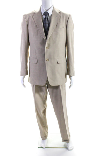 Stafford Mens Two Button Split Hem Blazer Pleated Pants Suit Beige Size 38R