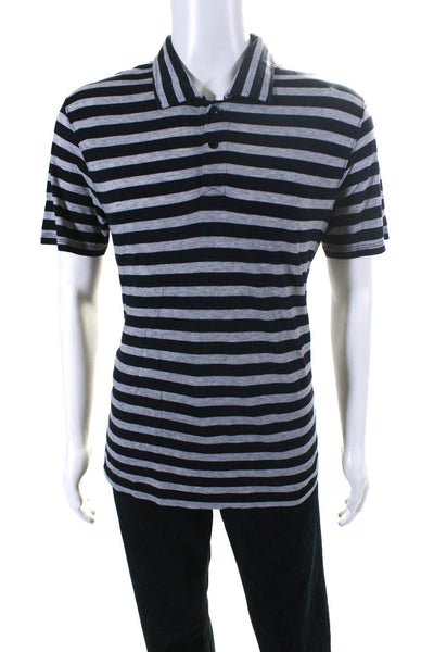 Vince Mens Striped Short Sleeve Polo Shirt Gray Navy Blue Size Large