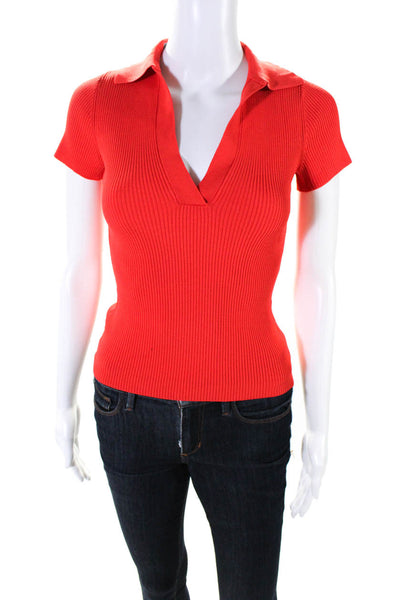 Toccin Women's Short Sleeve Ribbed Knit Collared Top Orange Size XS