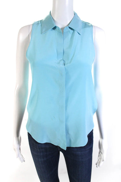 Rory Beca Womens Button Front Sleeveless Collared Silk Shirt Blue Size XS