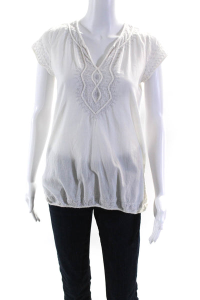 Calypso Womens Metallic Embroidered V-Neck Blouse White Gray Size S