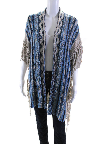 Calypso Womens Embroidered Fringed Open Cardigan Sweater Beige Blue Size S