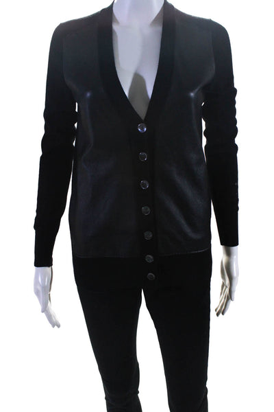 J Crew Womens Merino Wool Knit Button Up Leather Cardigan Sweater Black Size XXS