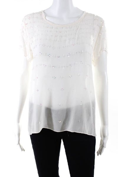 Artelier Nicole Miller Womens Embroidered Sequin Zip Blouse Top White Size S