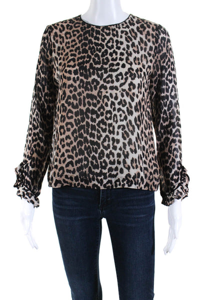 Ganni Womens Back Zip Mullin Georgette Animal Print Shirt Black Brown Size FR 36