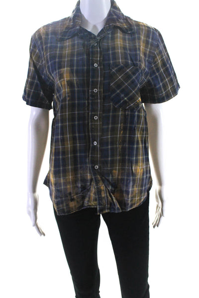 NSF Womens Button Front Short Sleeve Collared Plaid Shirt Blue Brown Size Small