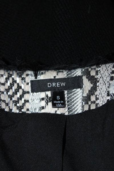 Drew Womens Open Front Fringe Metallic Knit Jacket White Black Size Small