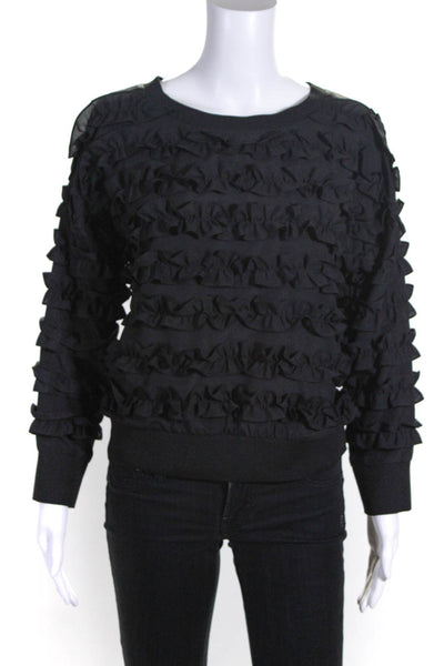 Yoana Baraschi Womens Scoop Neck Long Sleeve Verticle Ruffle Shirt Black Small