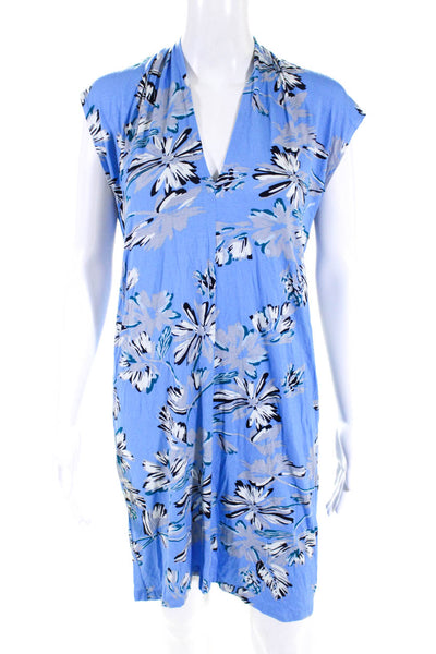 Yumi Kim Womens Blue Floral Print V-Neck Cap Sleeve Shirt Dress Size M