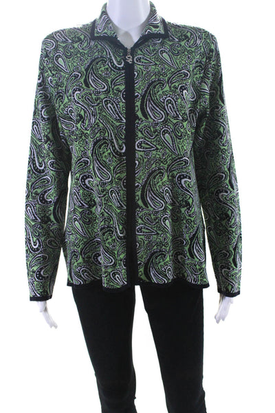 Exclusively Misook Womens Front Zip Collared Knit Paisley Jacket Green Medium
