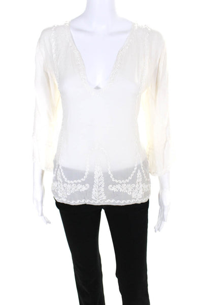 The Great Womens Deep V Neck 3/4 Sleeve Top Blouse White Silk Size 2
