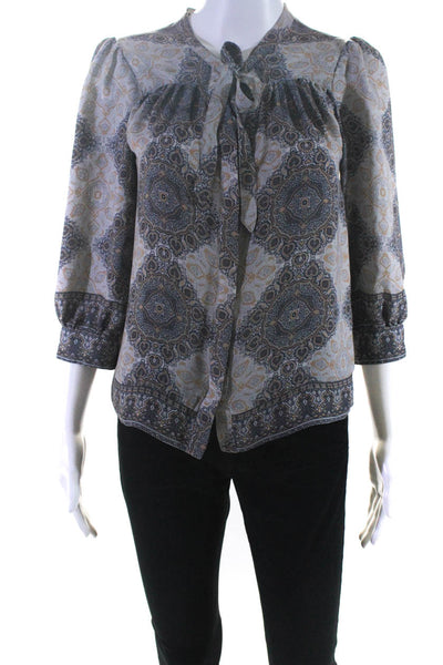 Joie Womens Gray Silk Print V-Neck Long Sleeve Blouse Top Size XS
