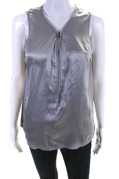 Go By GoSilk Womens Silk Zip Front Curved Hem Wide Strap Tank Top Gray Size M