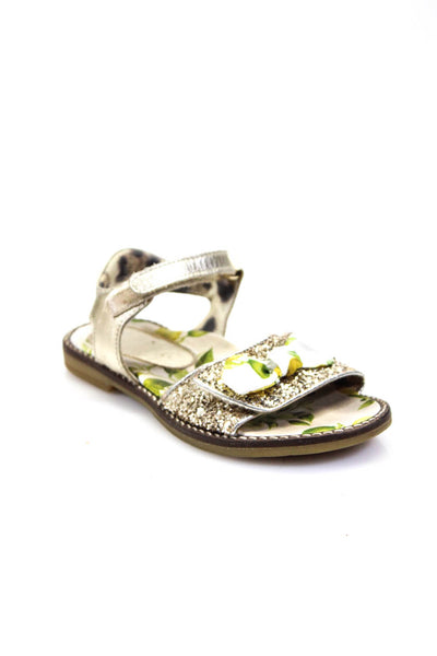 Designer Girls Metallic Ankle Strap Fruit Bow Glitter Sandals Gold Tone Size 28