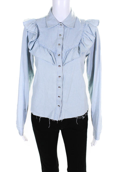 Intermix Womens Chambray Ruffled Button Down Shirt Blue Size Petite